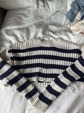 Zara Navy and White Striped Cropped Crew Sweater
